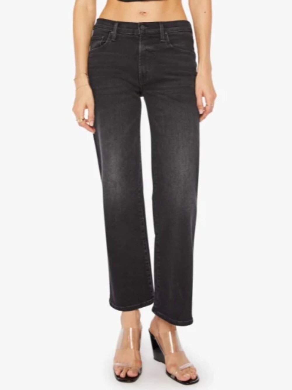 🌟 MOTHER 🌟 THE MID RISE RAMBLER ZIP FLOOD STRETCH JEANS BLACK SPIKED HAIR 29